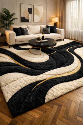 Hand tufted wool rug black - rug, &
